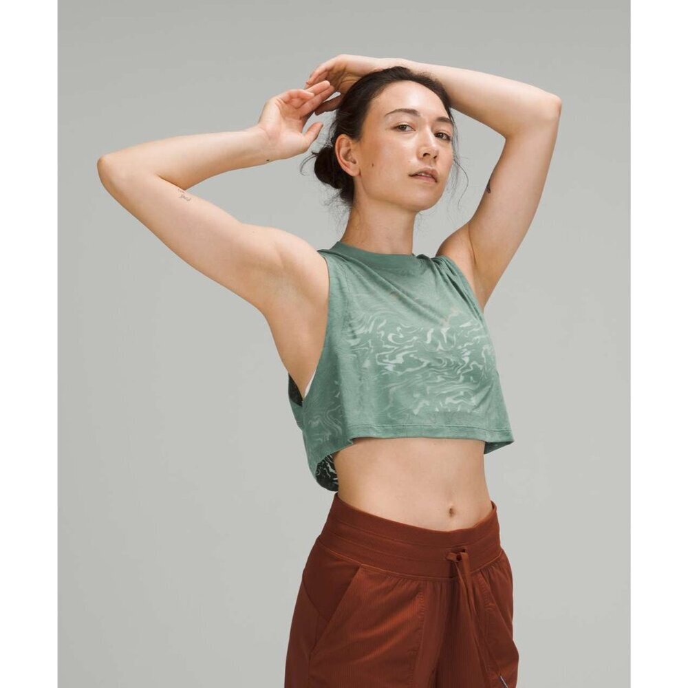 Lululemon All Yours Crop Tank Top in the Maldives Green color with a veil patter